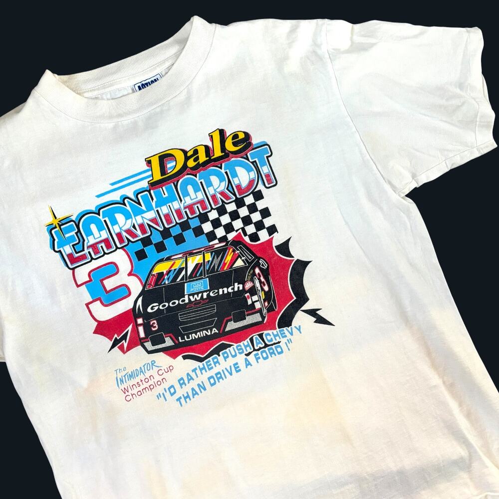 Vtg Dale Earnhardt T-Shirt Size Large White Action Tees Single Stitch #3 NASCAR